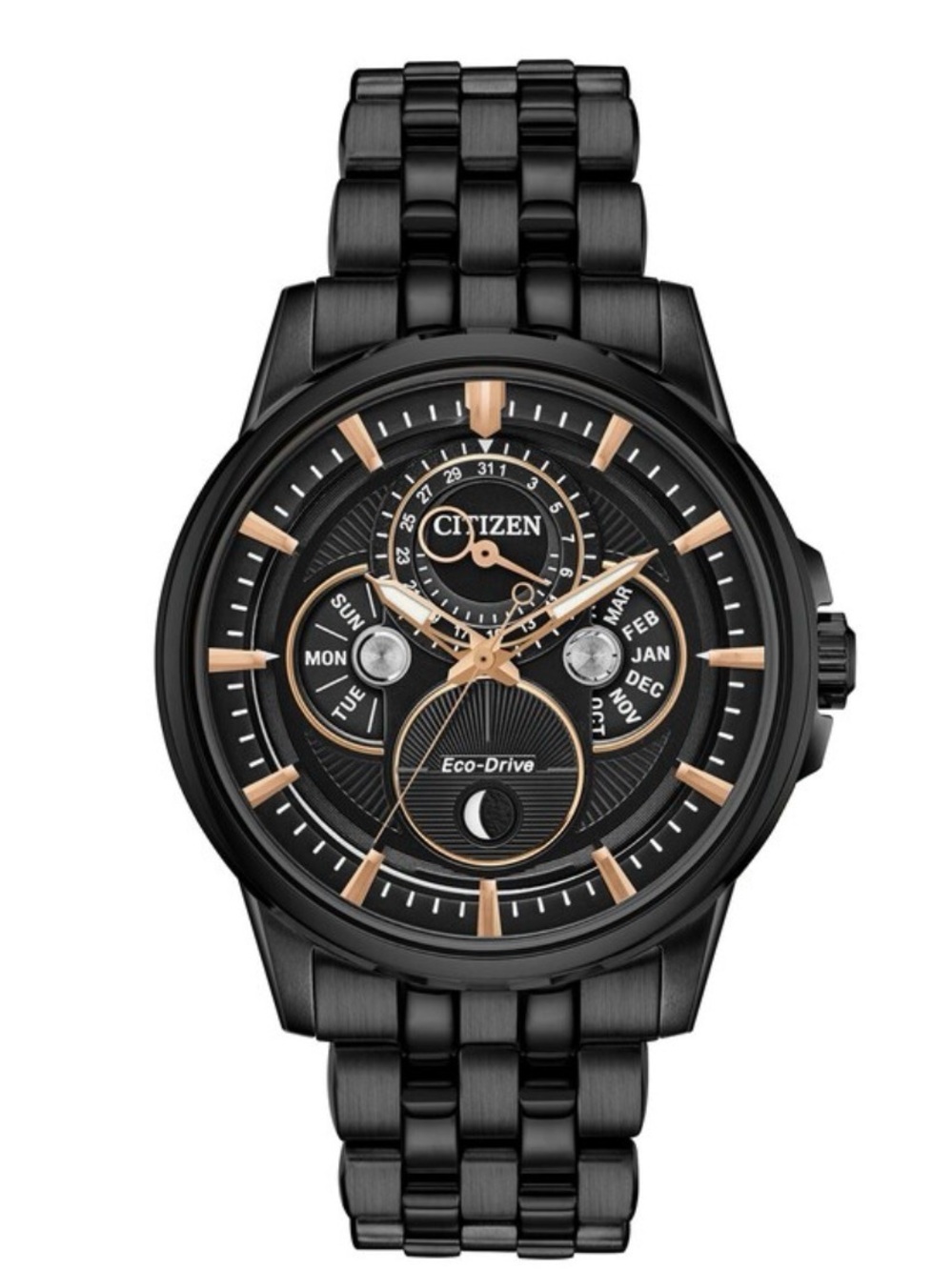 Citizen Calendrier Black Chronograph Rose Gold Multi-Function Eco-Drive Watch